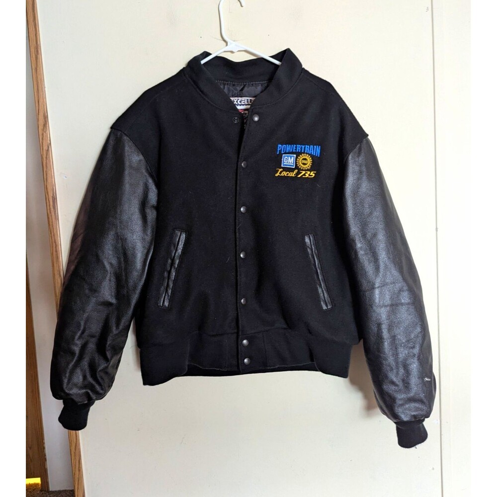 Excelled Mens L Black Wool Leather Varsity Jacket UAW GM Powertrain Local 735